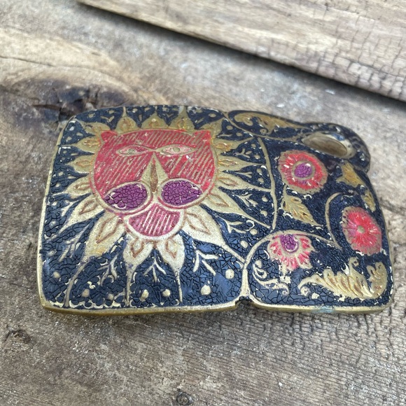 Vintage Handcast Brass Belt Buckle Boho Hippie Botanical & Lion Animal Figural - Picture 10 of 11